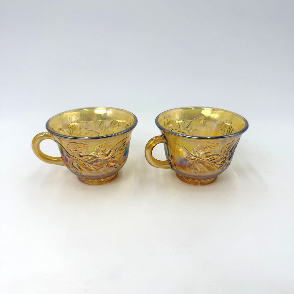 Vintage Indiana Glass Amber Marigold Carnival Glass Harvest Grape Cups‎ Set of 2